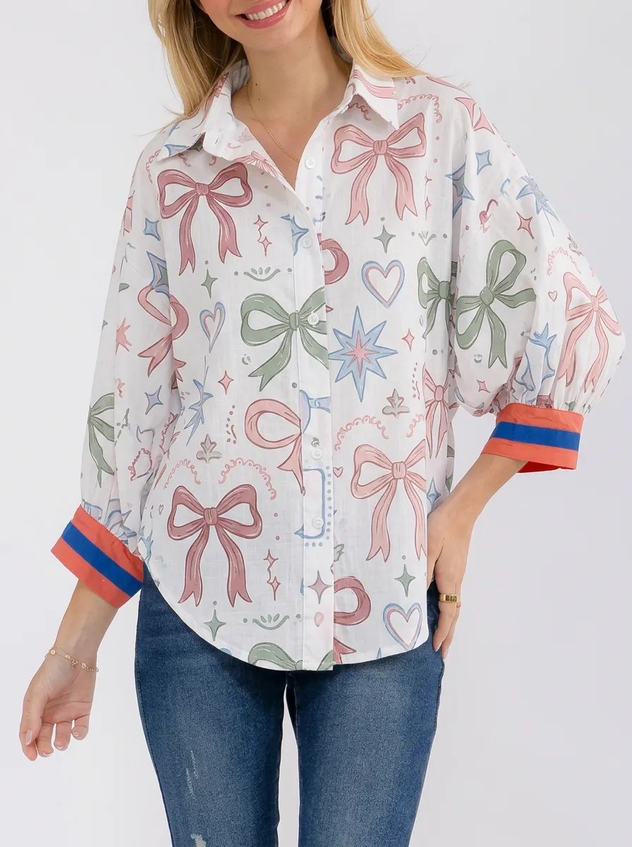 Women's Aesthetic Bow Heart Star Printed Button-up Shirt