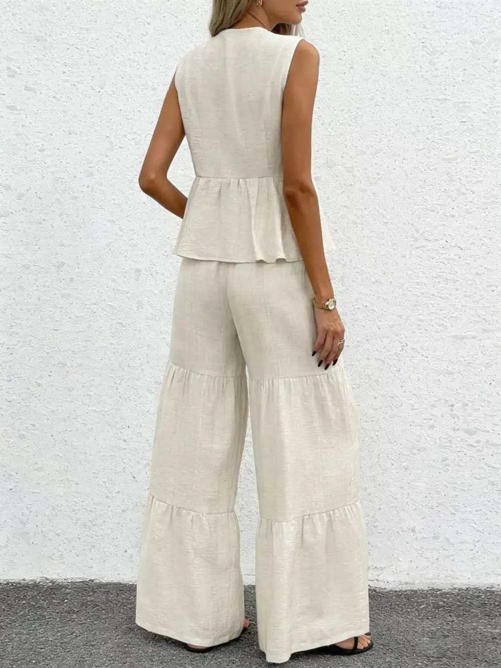 Sleeveless Tie Front Top and Wide Leg Pants Set