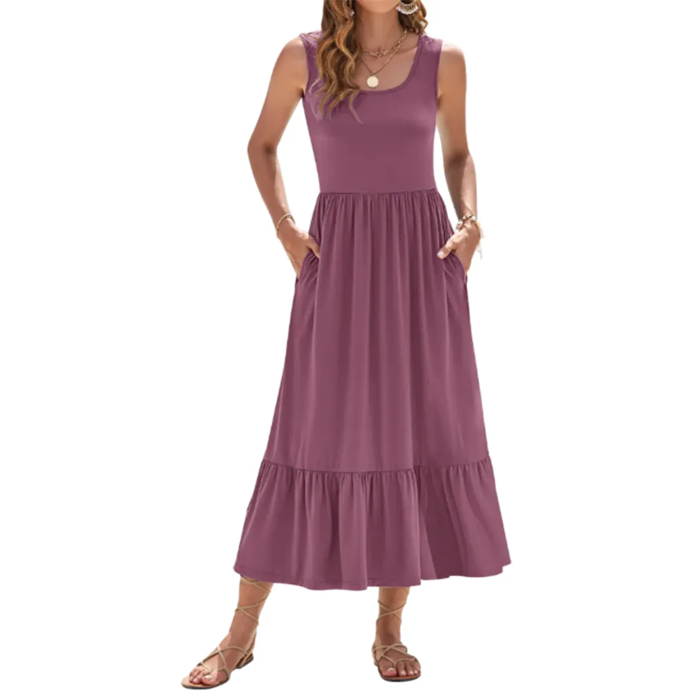 Women's Square Neck Sleeveless Floral Tiered Maxi Dress With Pockets
