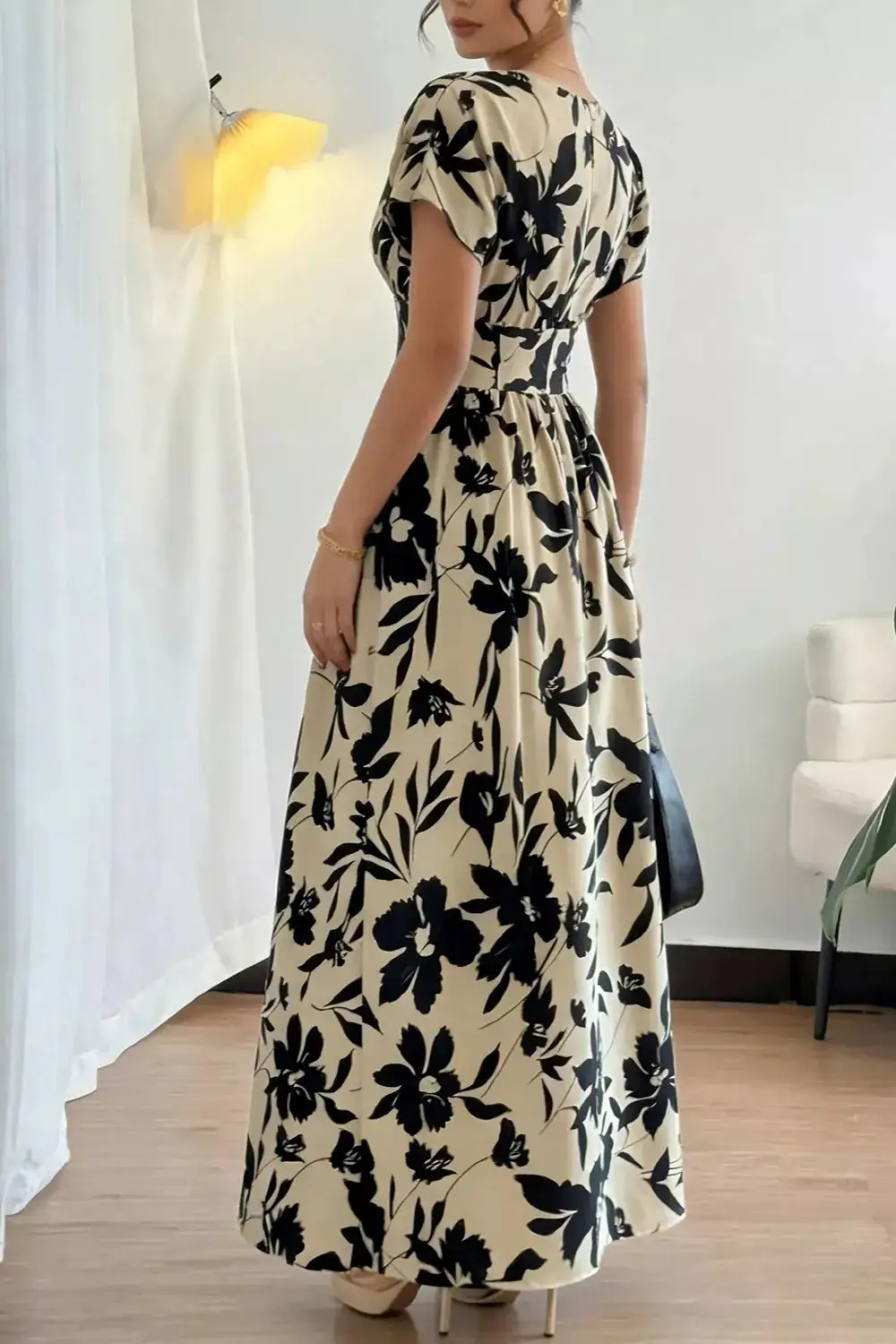 Botanical Print Short Sleeve A-Line Maxi Dress