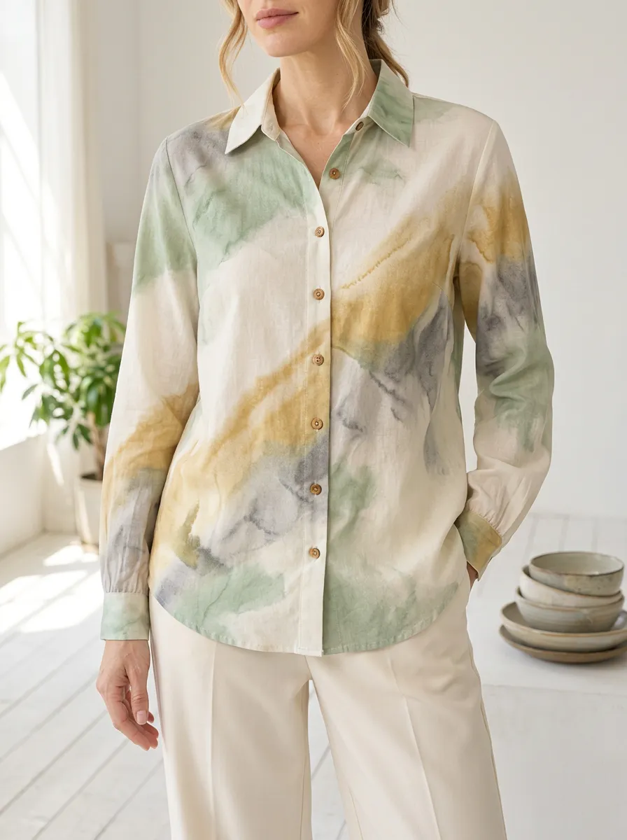 Women's Abstract Watercolor Green Yellow Printed Shirt