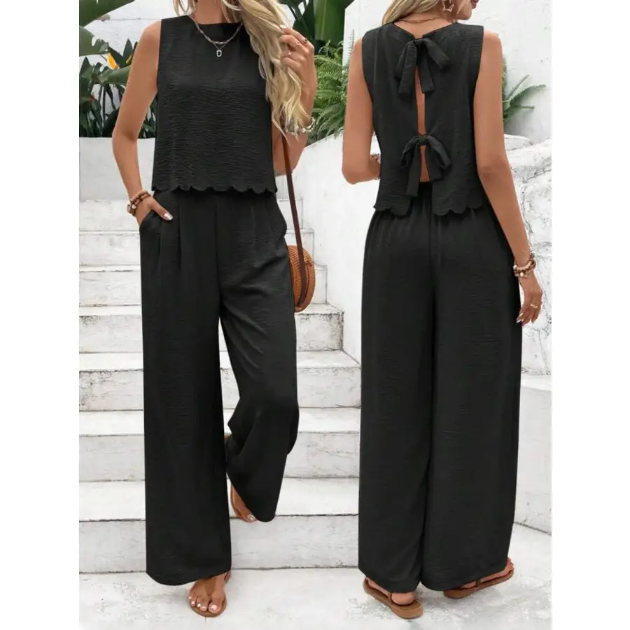 Tie Back Round Neck Top and Pants Set