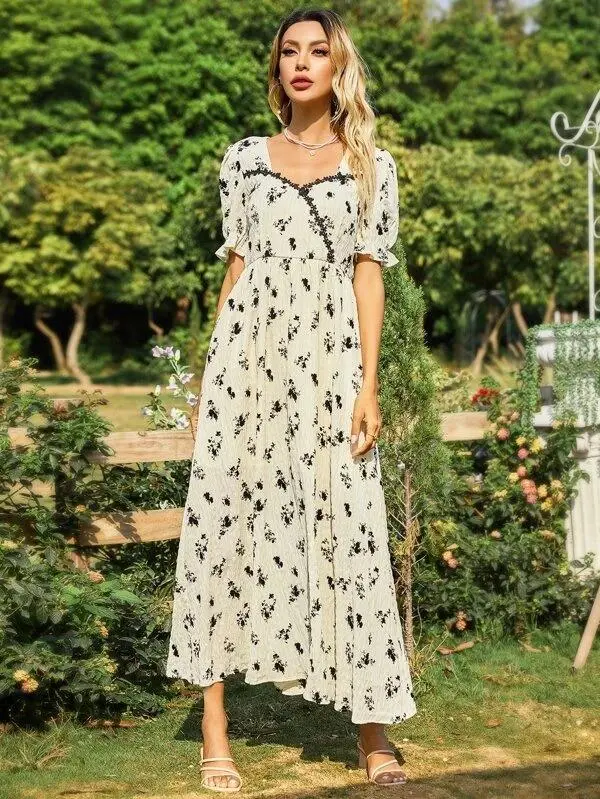 Women Sweetheart Flounce Sleeve Floral Dress