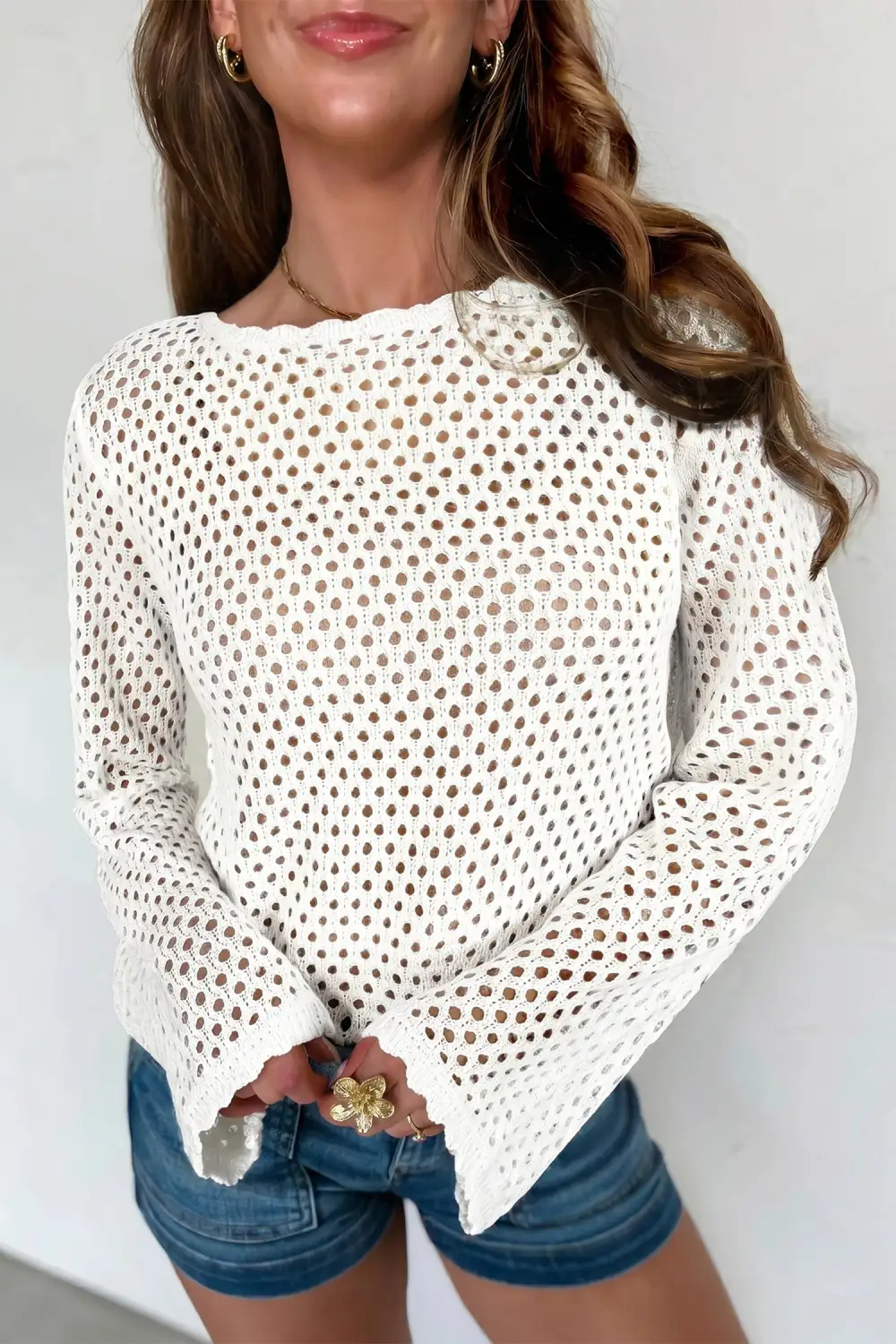 Knit Long Sleeve Openwork Top