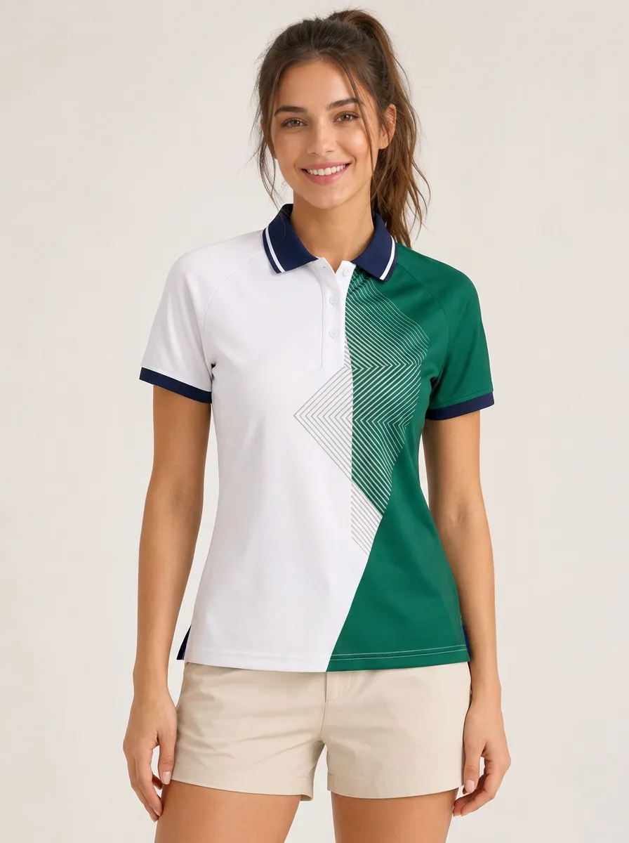 Women's White and Green Color-Block Polo Shirt