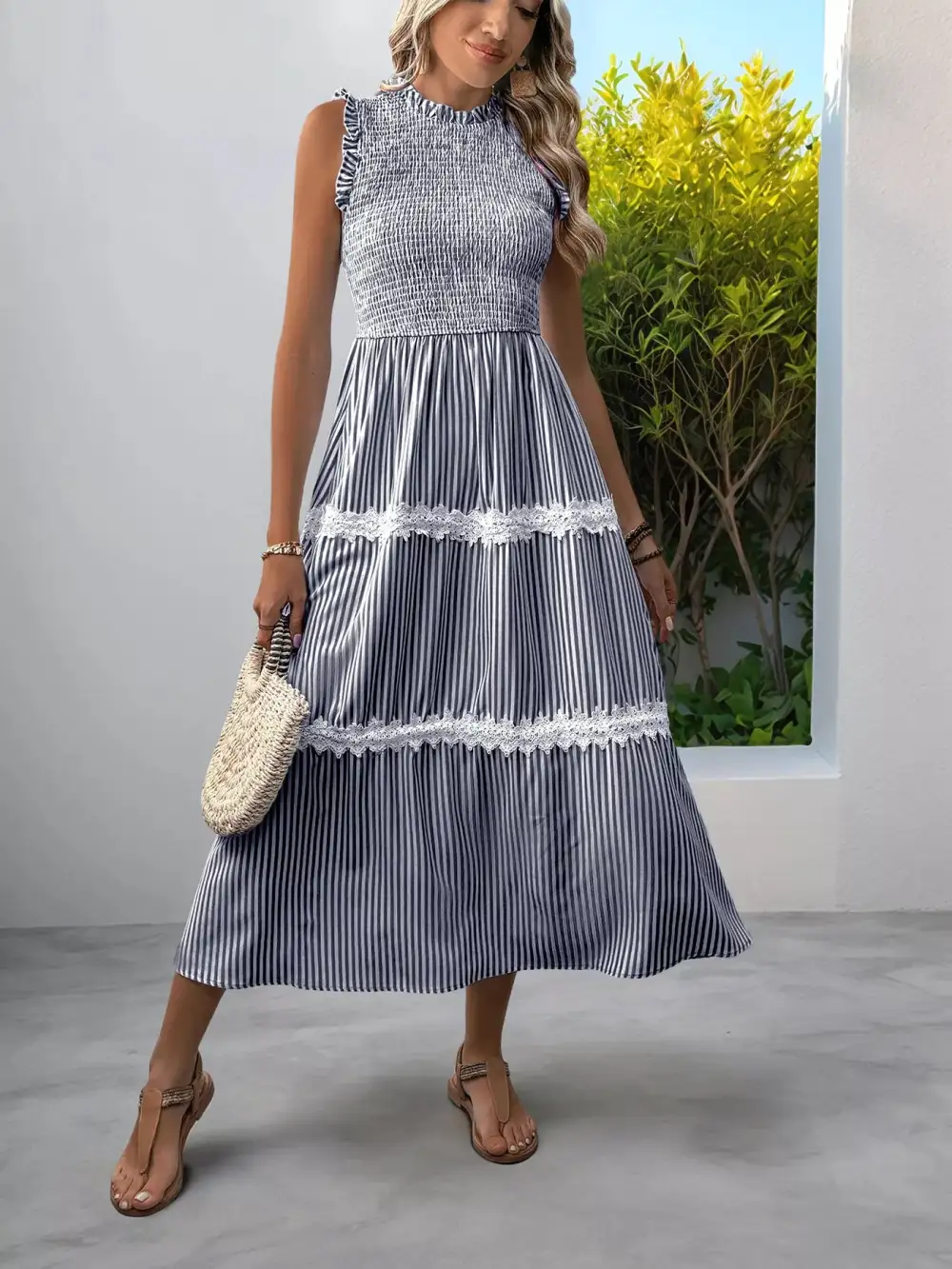 Gathered Detail Striped Lace Smocked Midi Dress