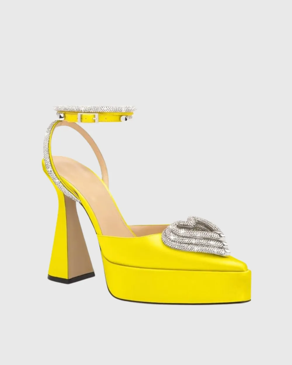 Crystal Heart Strap Platform Flared Heels in Yellow