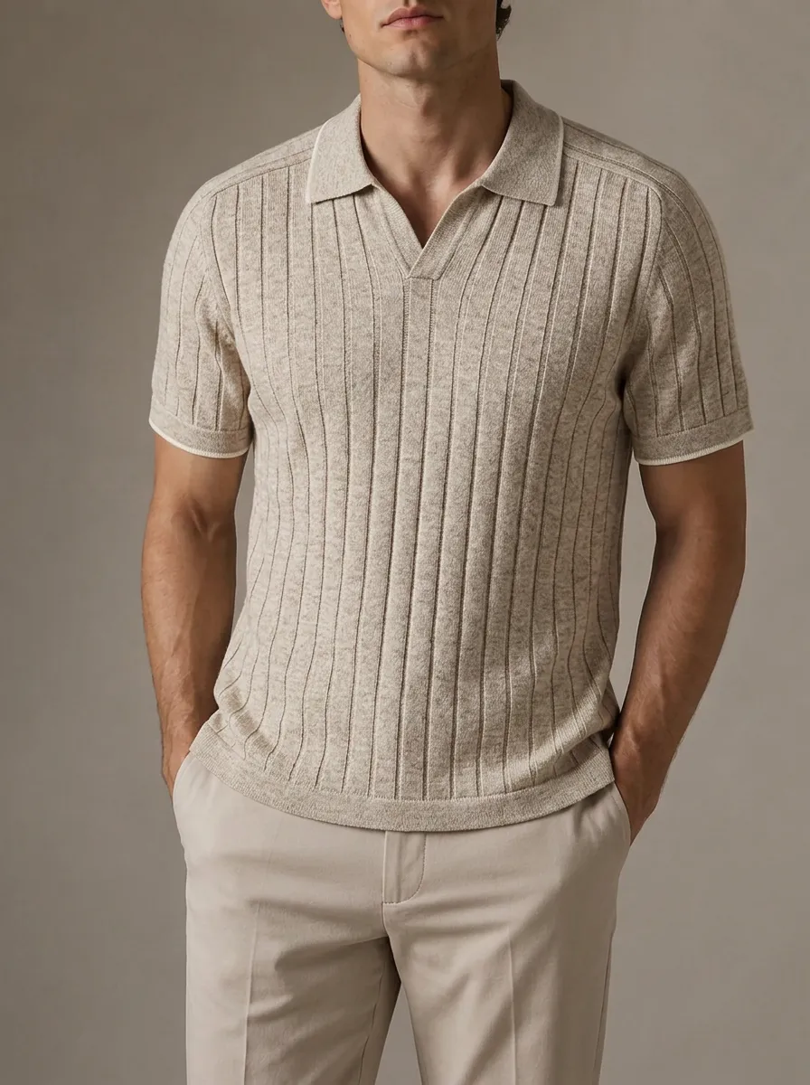 Men's Buttonless Vertical Rib Knit Polo Shirt