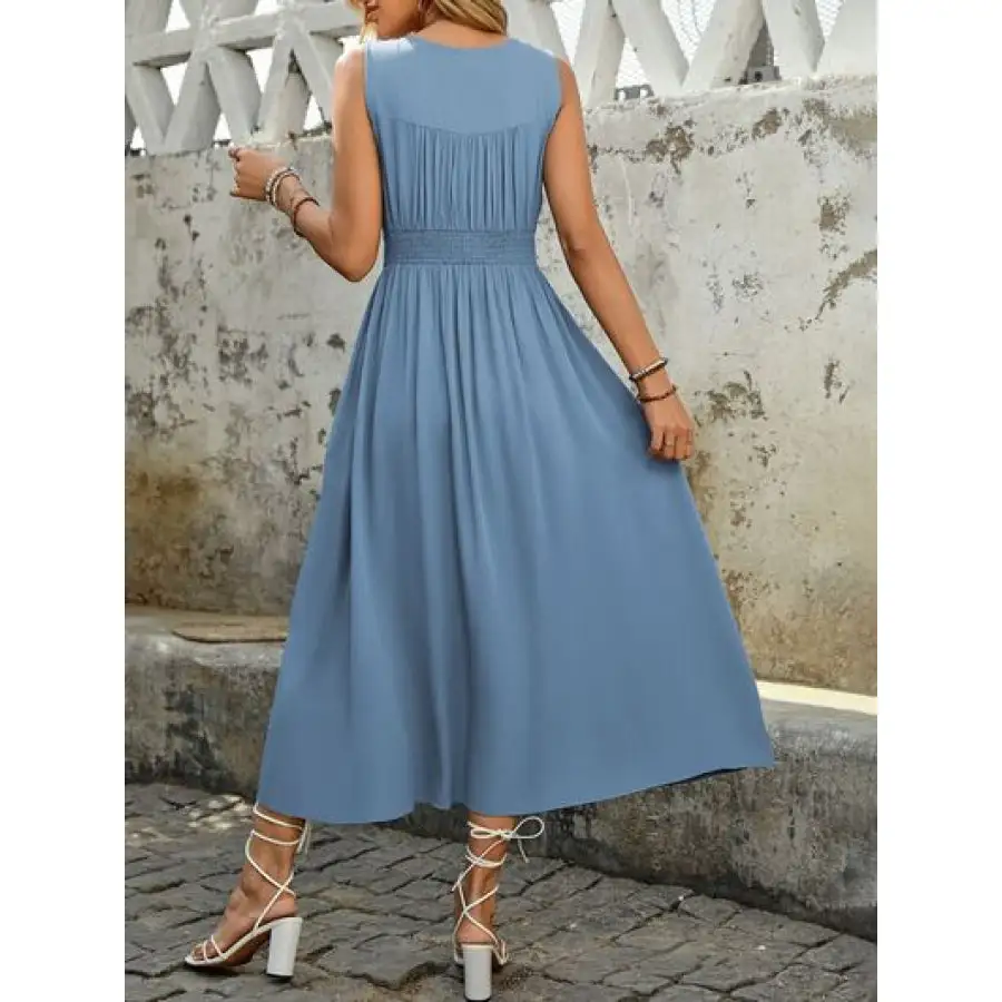 Ruched Decor Button Slit Sleeveless Midi Dress
