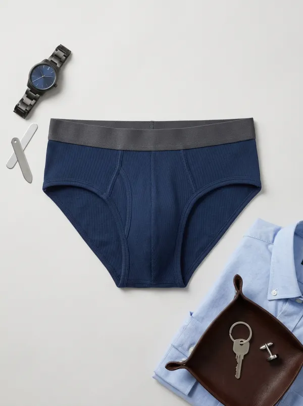 Men's Navy Blue Ribbed Cotton Printed Briefs