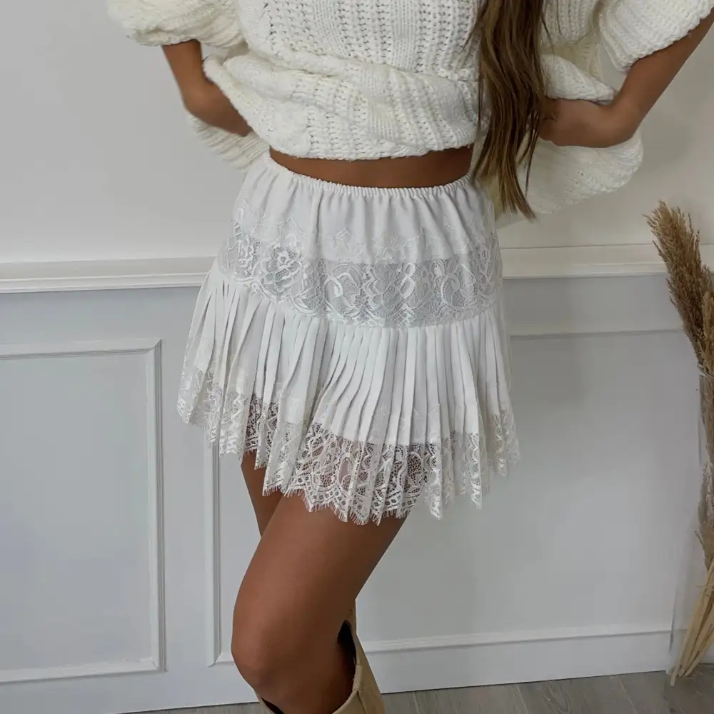Pleated A-Line Lace-Trim Skirt