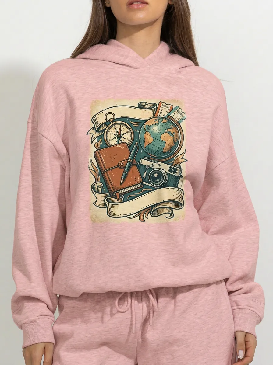 Women's Travel Globe Camera Journal Graphic Hoodie