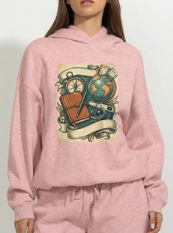 Women's Travel Globe Camera Journal Graphic Hoodie