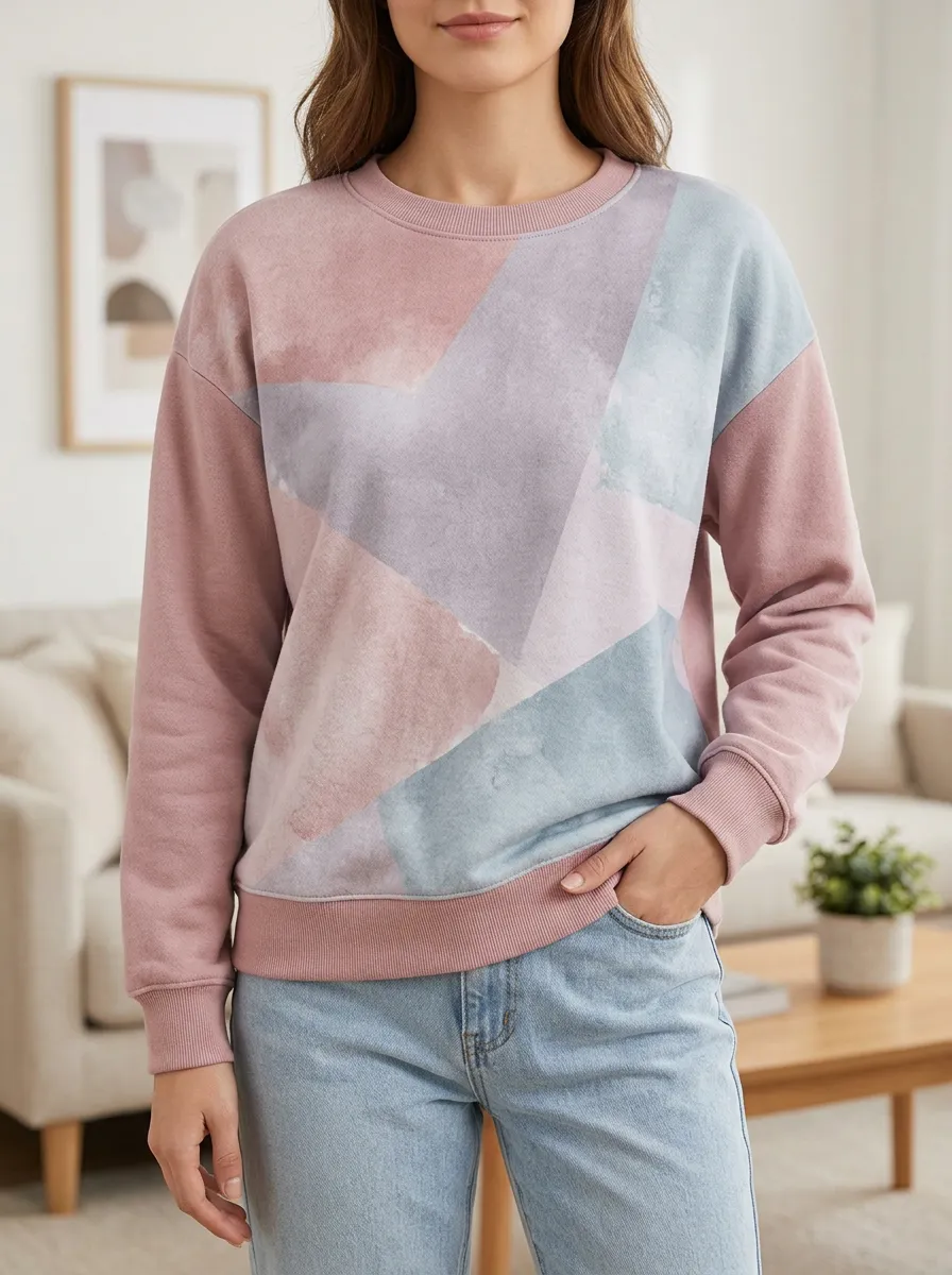 Women's Geometric Colorblock Pastel Printed Fleece Sweatshirt