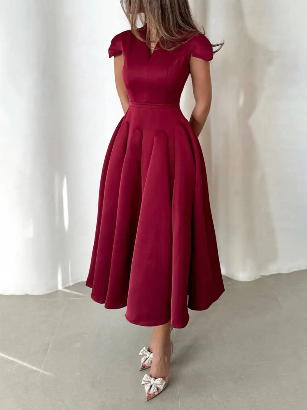 Elegant Pleated V Neck Waisted Flared Midi Dress