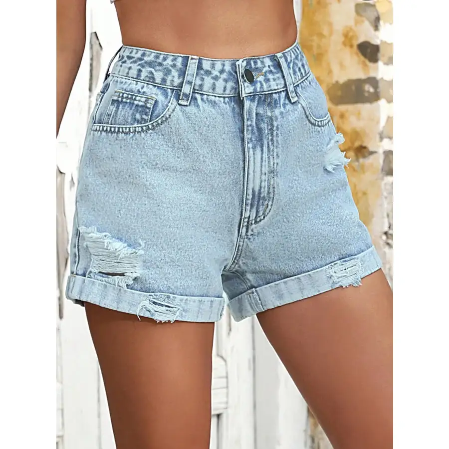 Distressed High Waist Pocketed Washed Shorts
