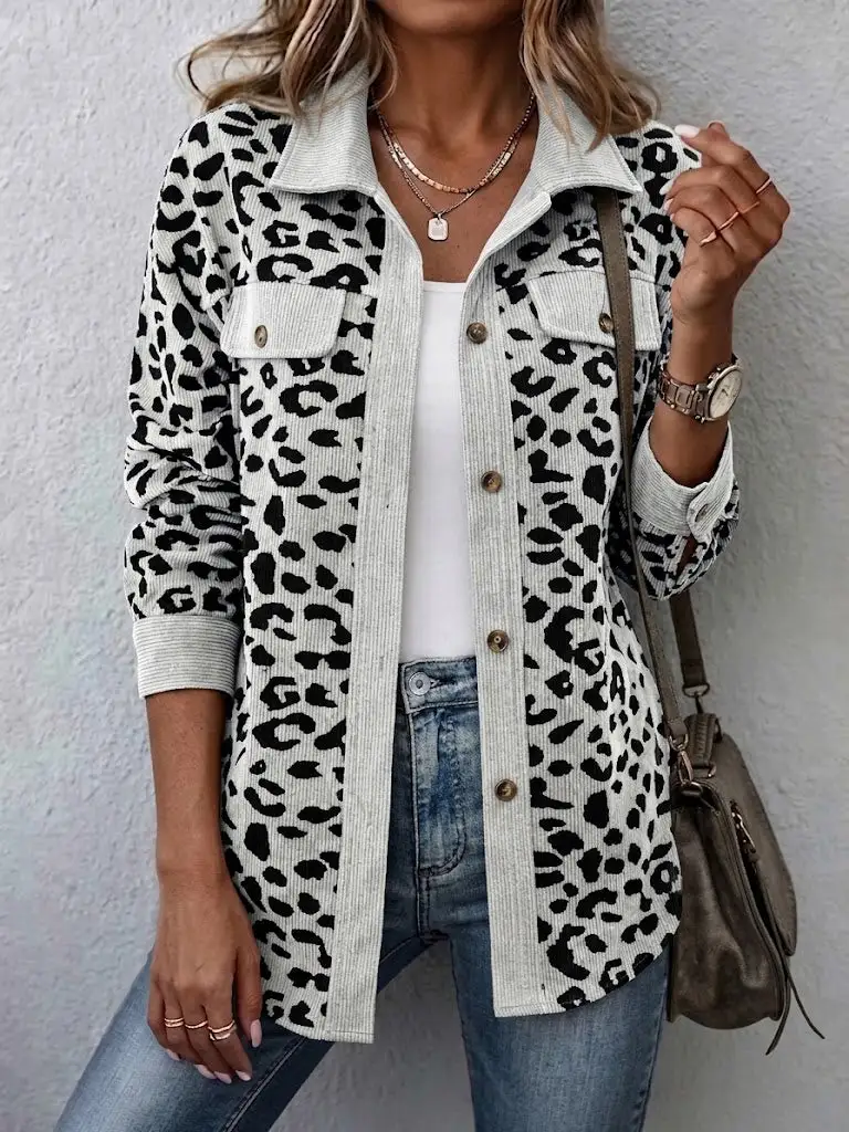 Contrast Rib Collar Leopard Print Corduroy Long Sleeve Shirt Jacket