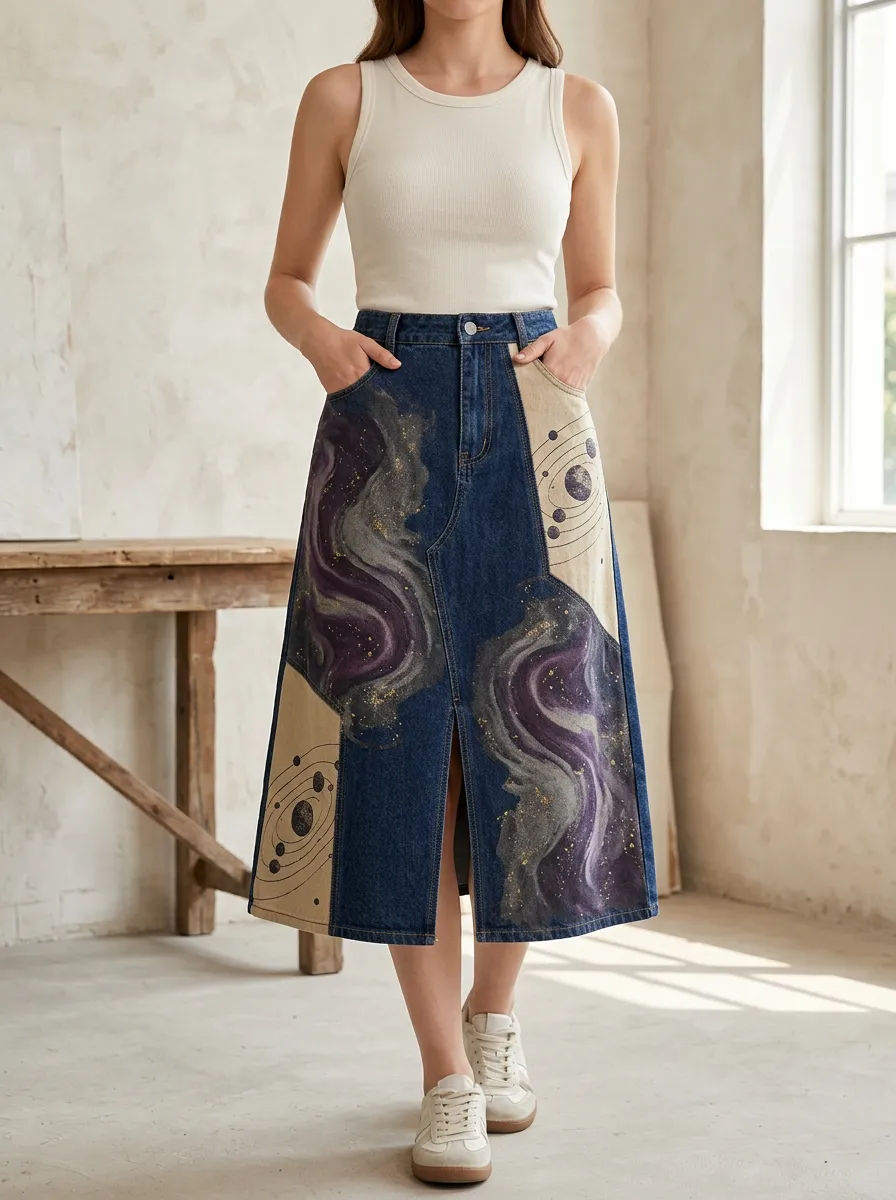 Women's Galaxy Planet Lover Nebula Printed Denim Midi Skirt