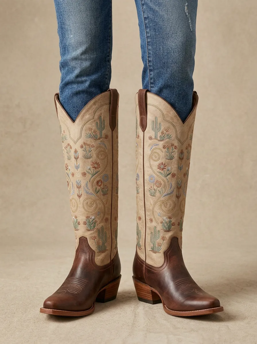 Women's Western Cactus Floral Embroidered Block-Heel Southwestern Denim Over-the-Knee Boots