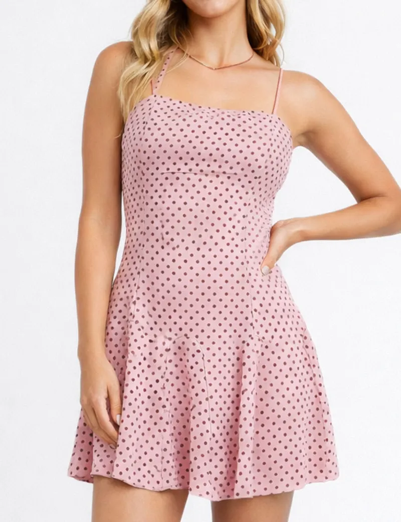 Chic Polka Dot Square Neck Halter Mini Dress