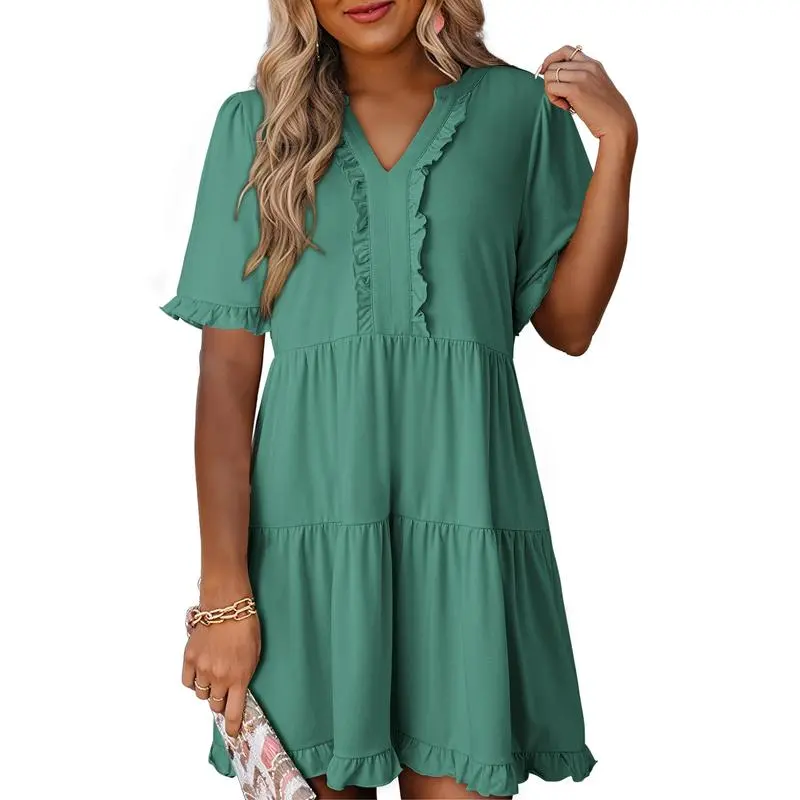 Womens Dresses 2025 Summer Spring V Neck Ruffle Short Sleeve Casual A-Line Flowy Swing Shift Dress Mini Dress