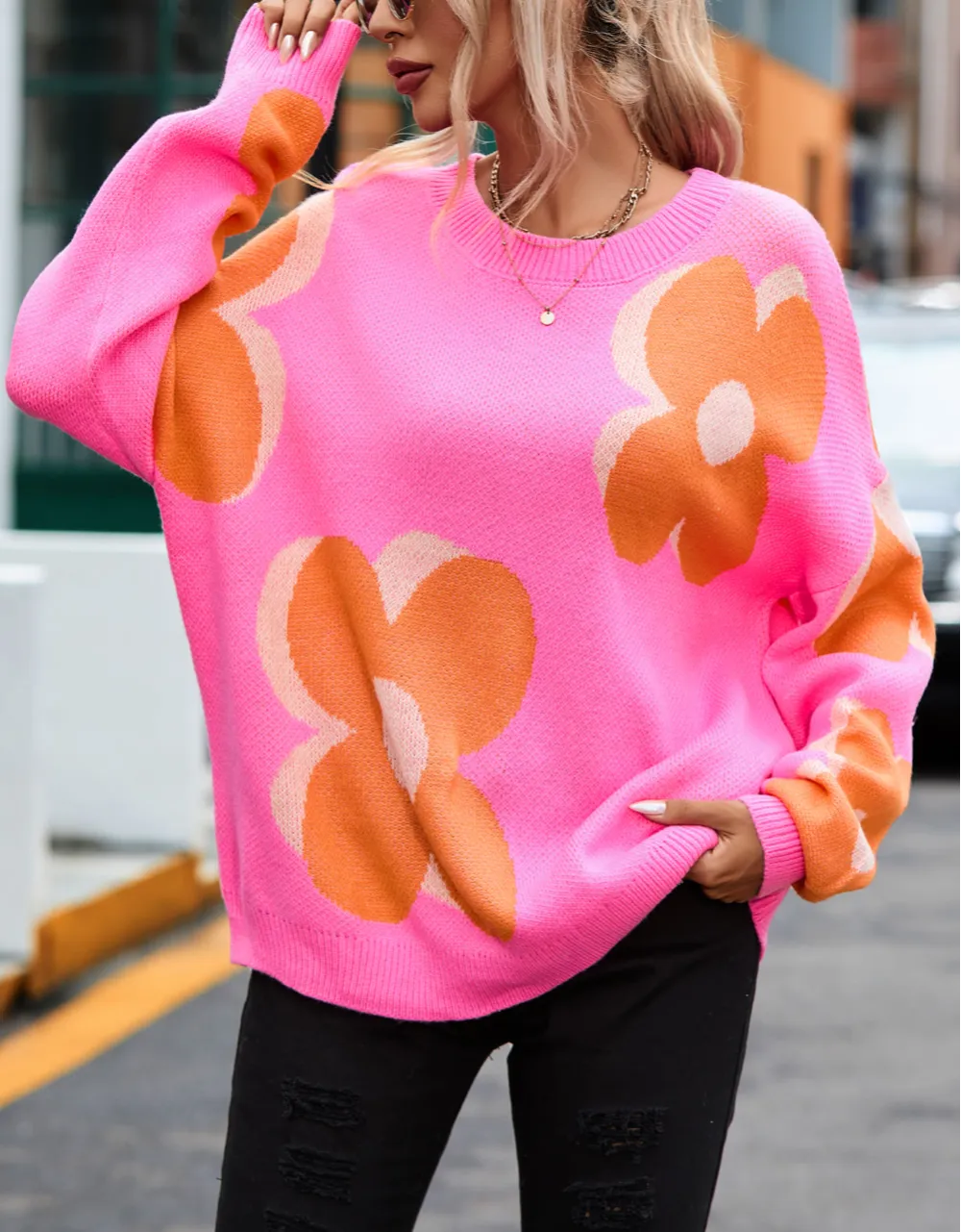 Flower Pattern Slouchy Sweater