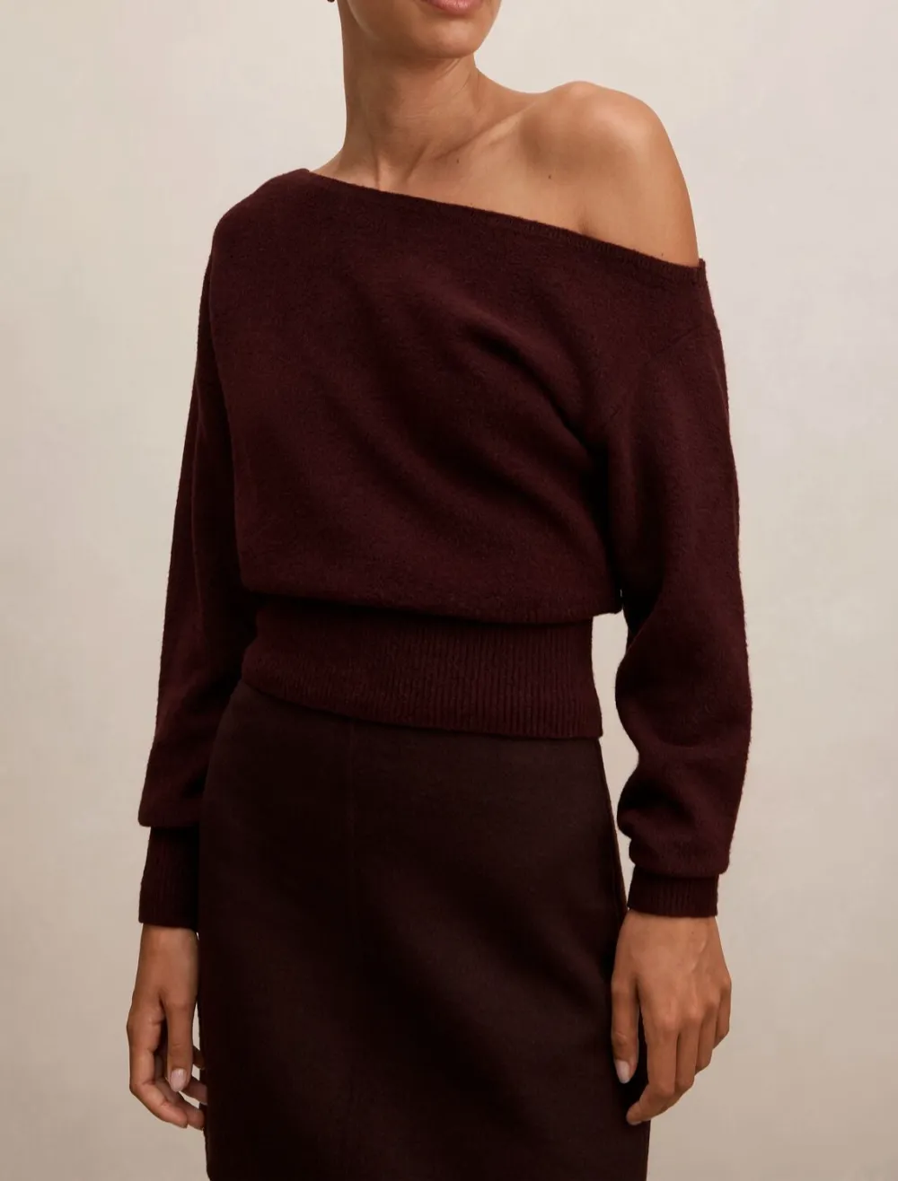 Burgundy Off-Shoulder Asymmetric Knit Sweater