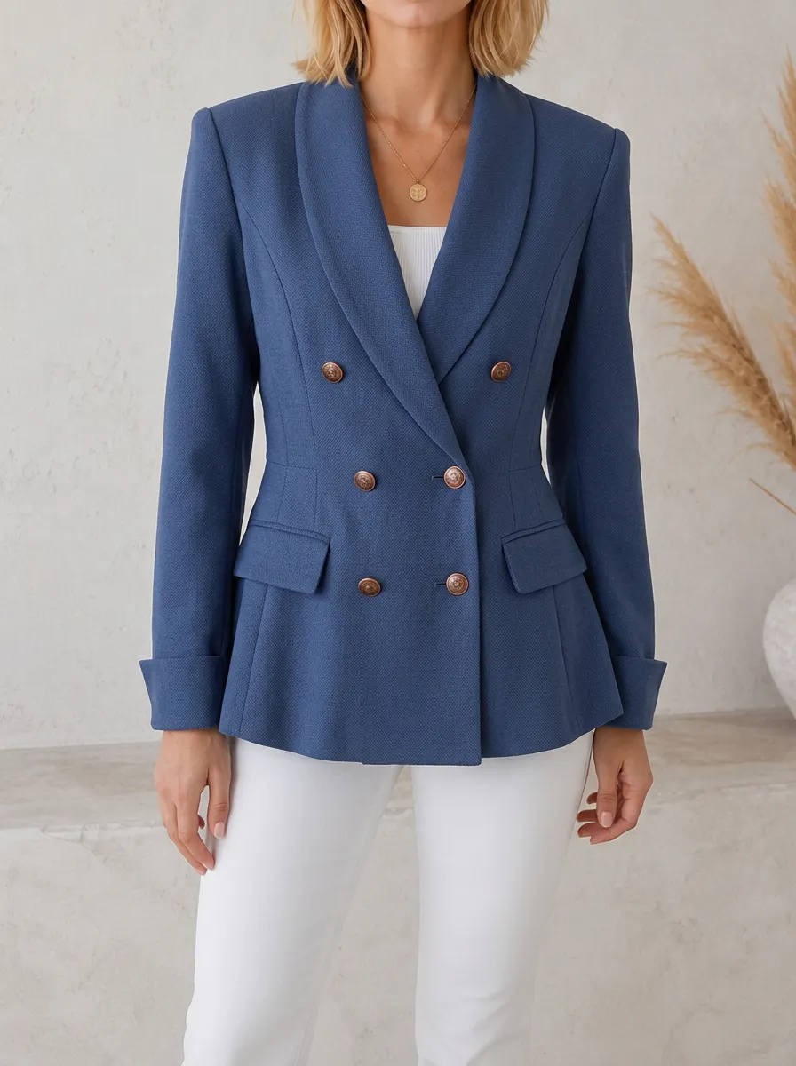 Women's Blue Double-Breasted Peplum Blazer Jacket
