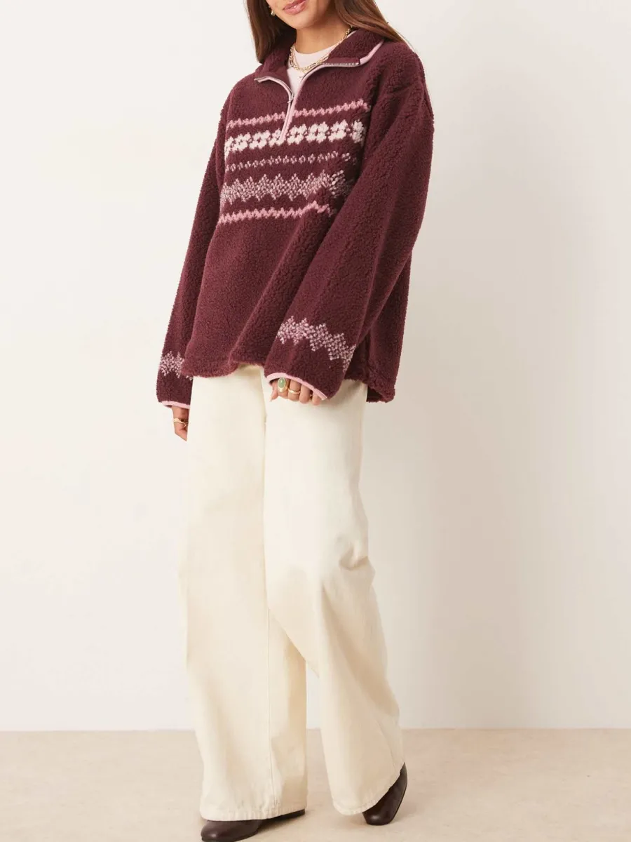 Patterned Sherpa Half-Zip Sweatshirt