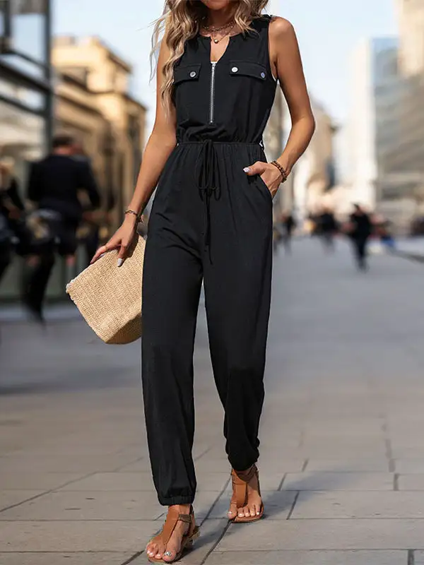 Mouwloze Jumpsuits Met V Hals Effen Kleur En