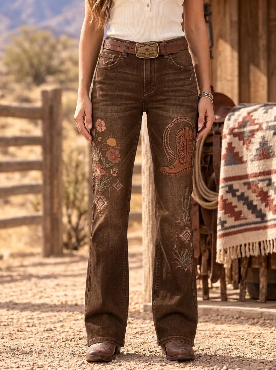 Women's Western Cowboy Floral Jeans