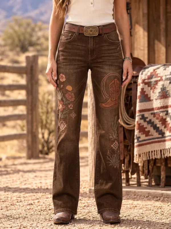 Women's Western Cowboy Floral Jeans