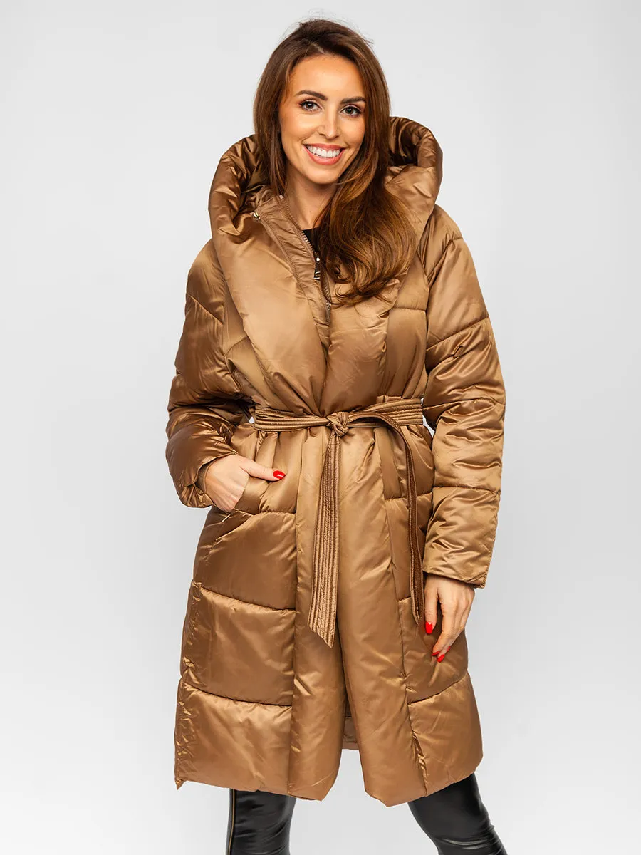 Camel women's long quilted winter jacket with hood