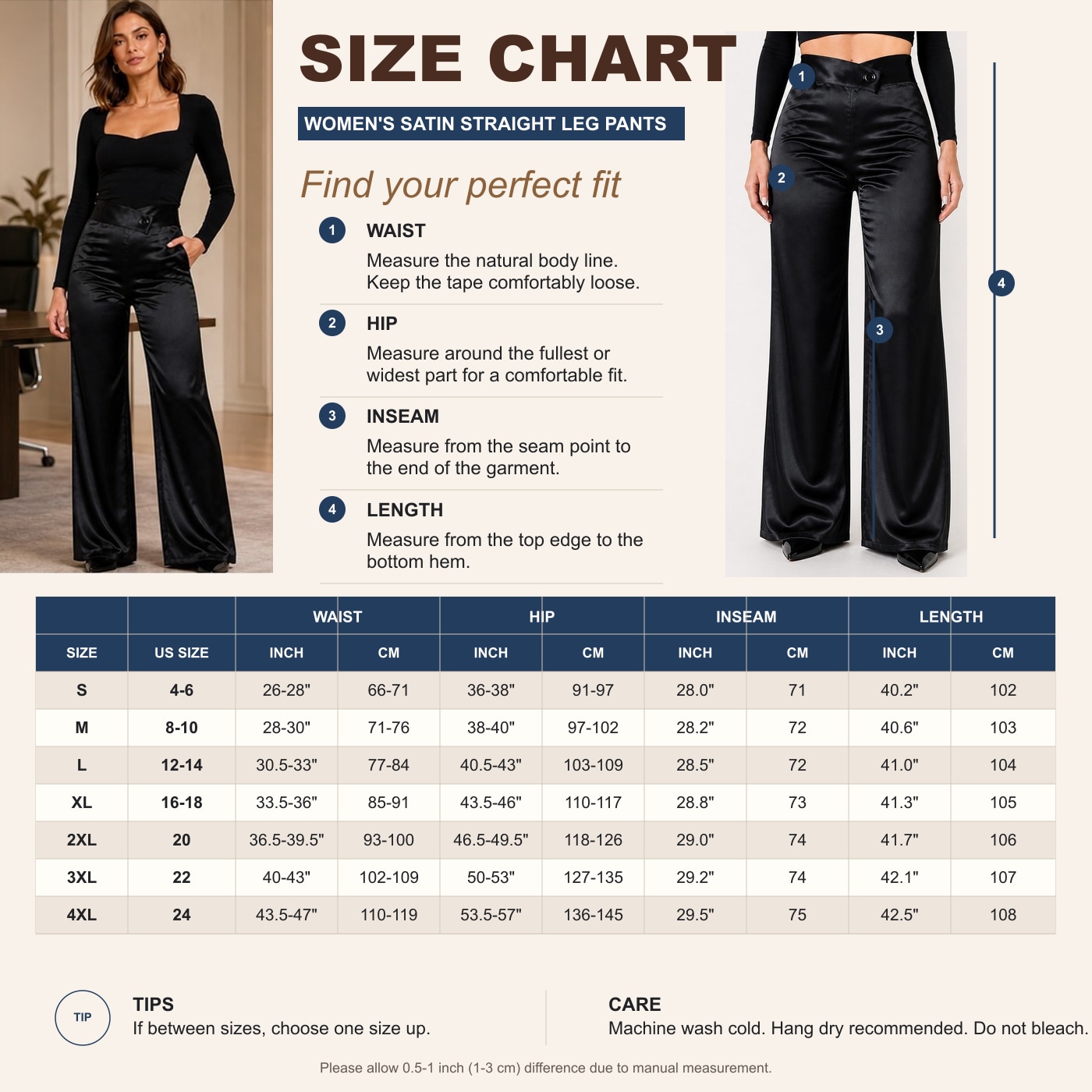 Size chart for satin straight-leg pants