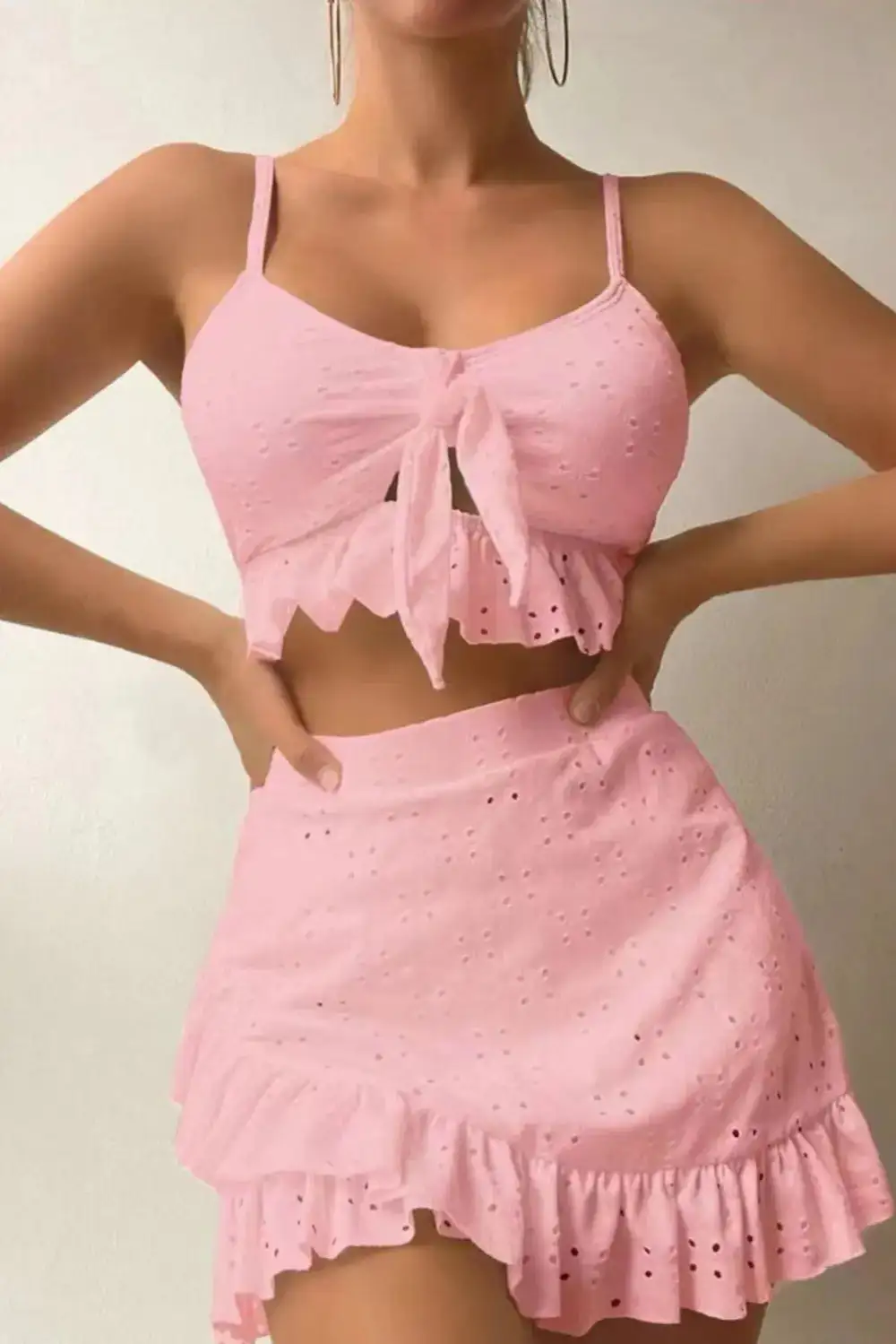 Eyelet Pattern Knotted Ruffle Bikini Swim Set