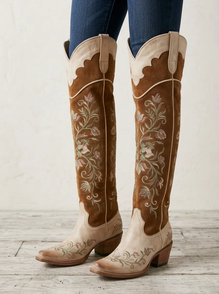 Women's Western Floral Embroidered Piped Block-Heel Stacked-Heel Embroidery Denim Over-the-Knee Boots