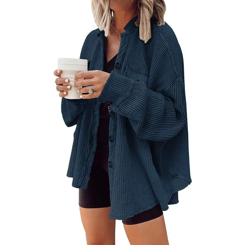 Women's Loose Fit Batwing Sleeve Waffle Knit Button Down Shirt Shacket Tops