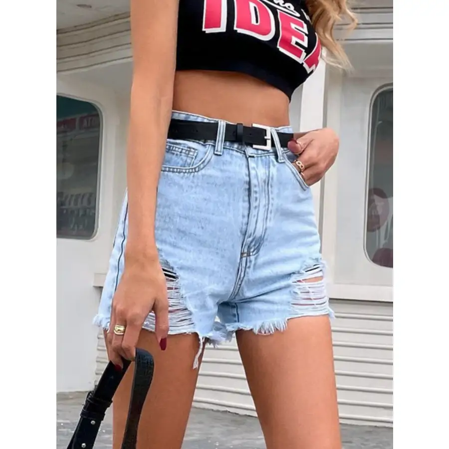 Lightweight Distressed Raw Hem Denim Shorts