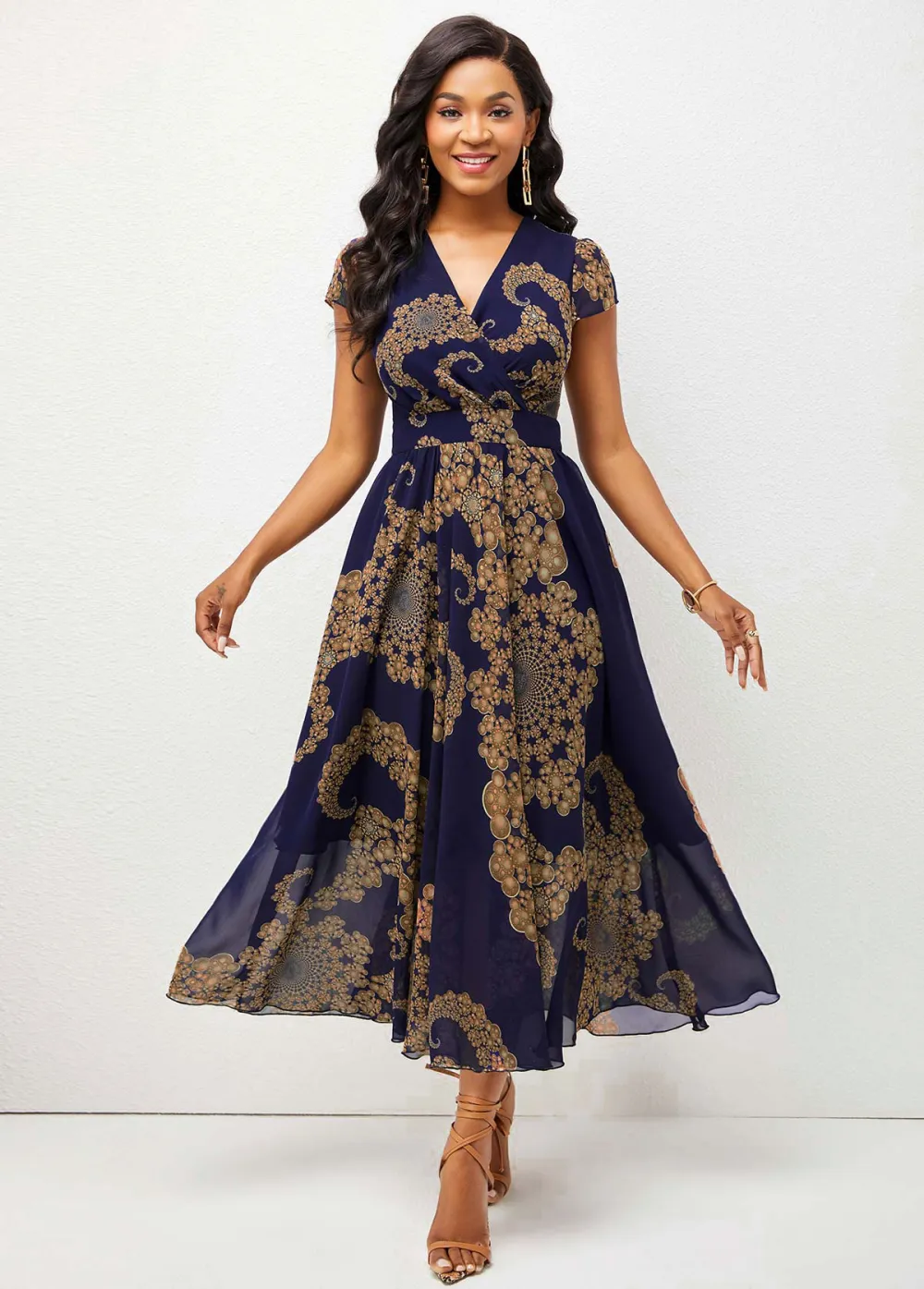 V Neck Tribal Print Short Sleeve Dress