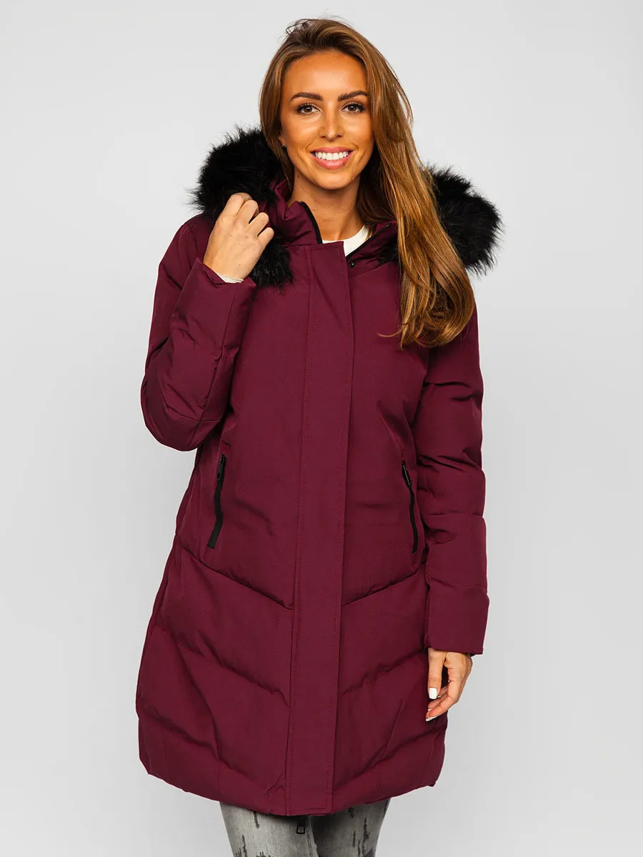 Wine Women's Quilted Winter Jacket With Hood