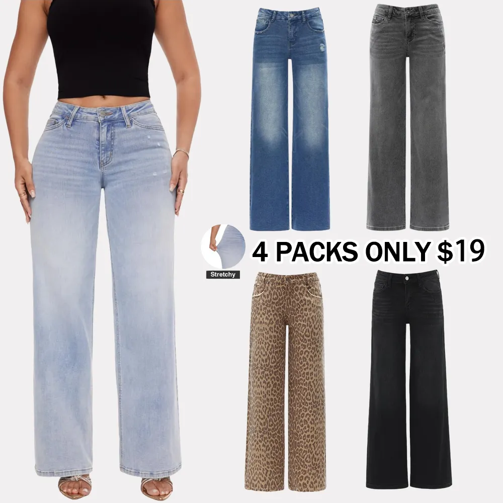 Women's Mid-Rise Baggy Jeans - Stretchy, Distressed, Comfortable Denim - Plus & Regular Sizes
