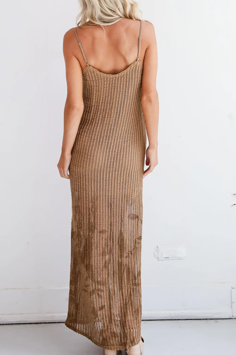 Compelling Style Taupe Crochet Knit Maxi Dress
