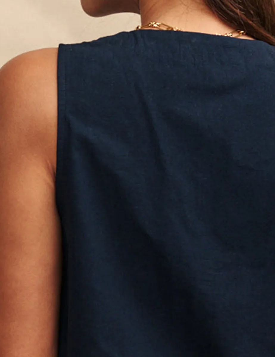 Black Linen-Blend Tie Front Top