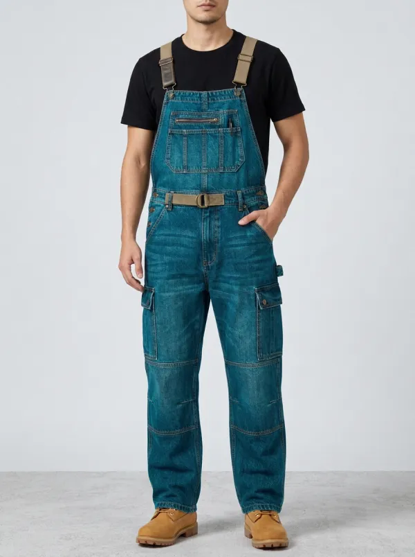 Men's Vintage Denim Cargo Multi-Pocket Bib Overalls