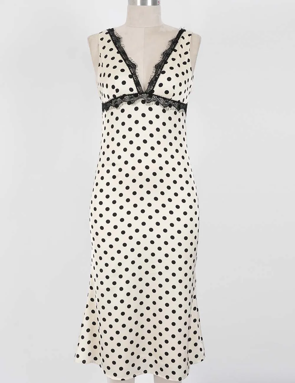Chic Polka Dot Lace Trim V Neck Sleeveless Midi Dress
