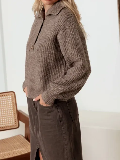 100% Wool Button-Up Neck Pullover Sweater