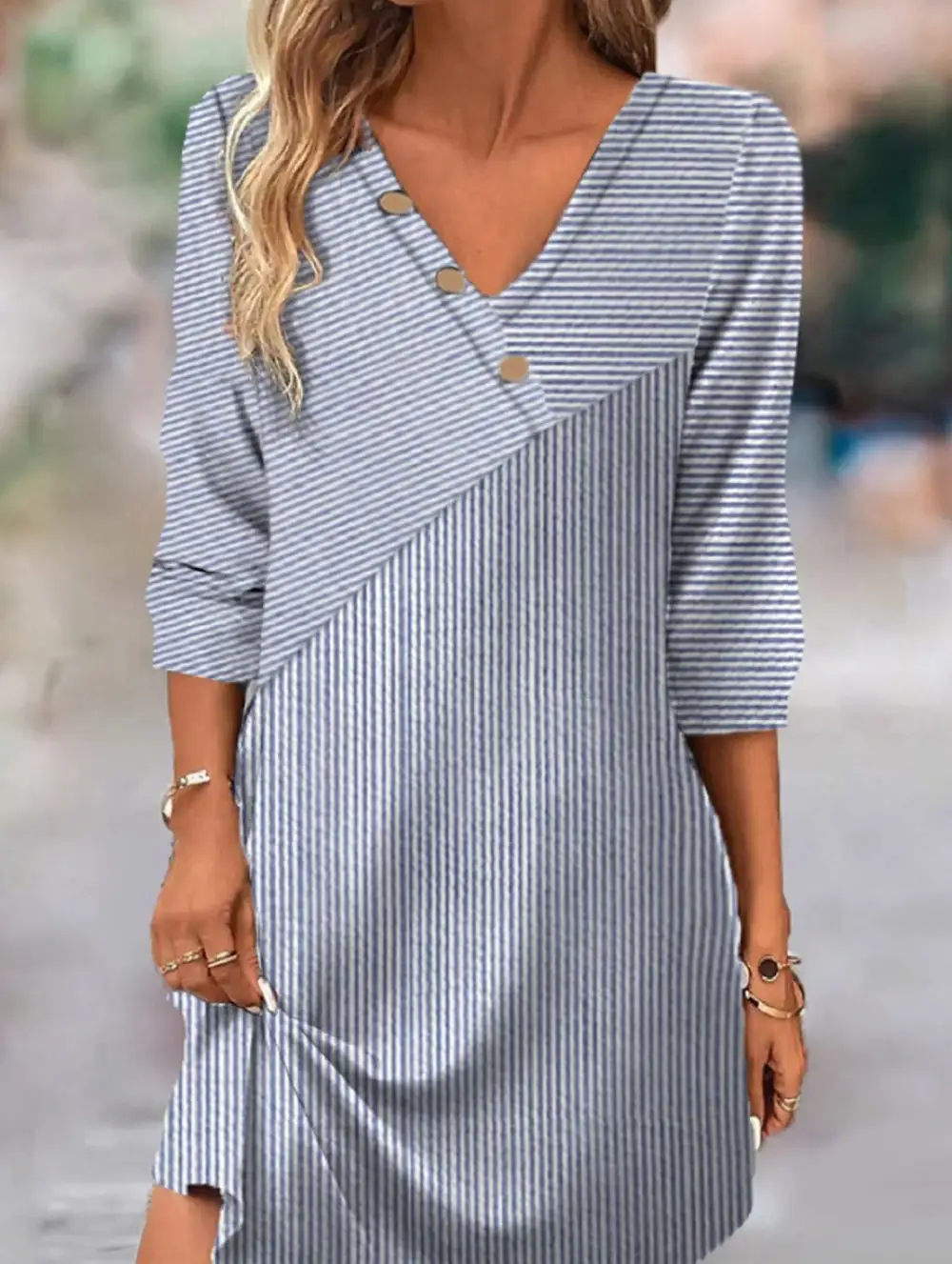 Soft Drape Striped V-Neck Dress