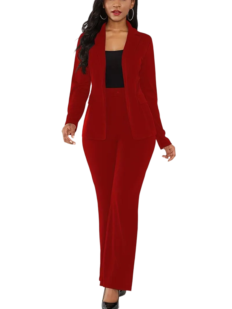 Women's Basic Plain Button Lapel Neck Blazer & Suit Pants