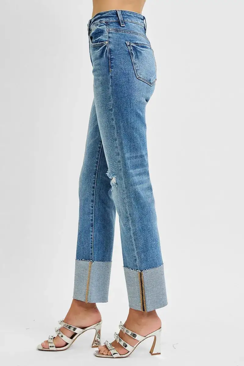 High-Rise Raw-Hem Distressed Washed Wide Straight Jeans