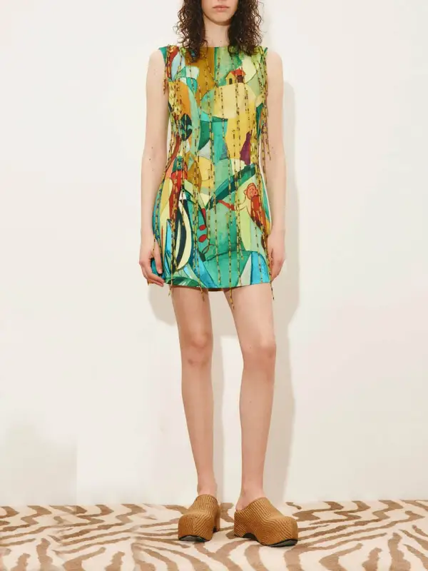 Printed Straight Neck Fringe Exquisite Mini Dress